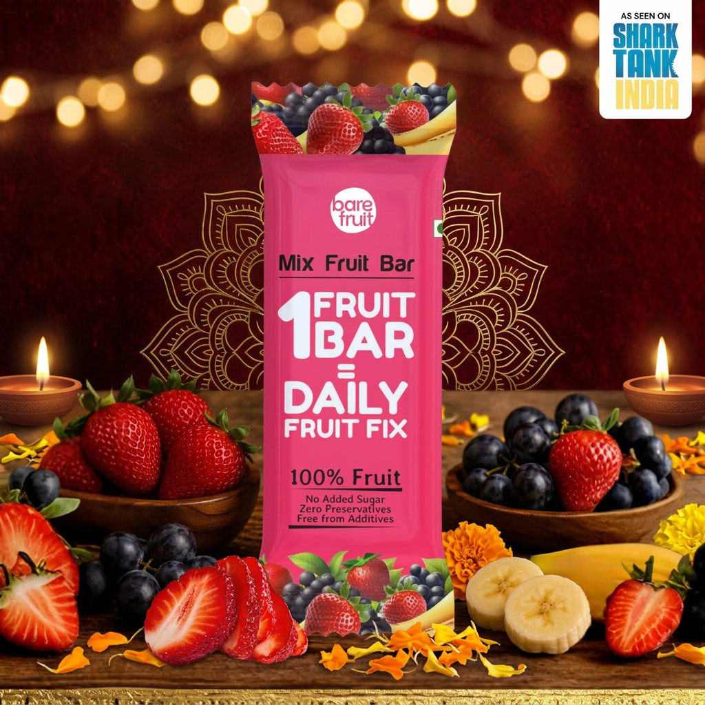 Barefruit Strawberry Mix Fruit Bar in a Diwali-themed setting