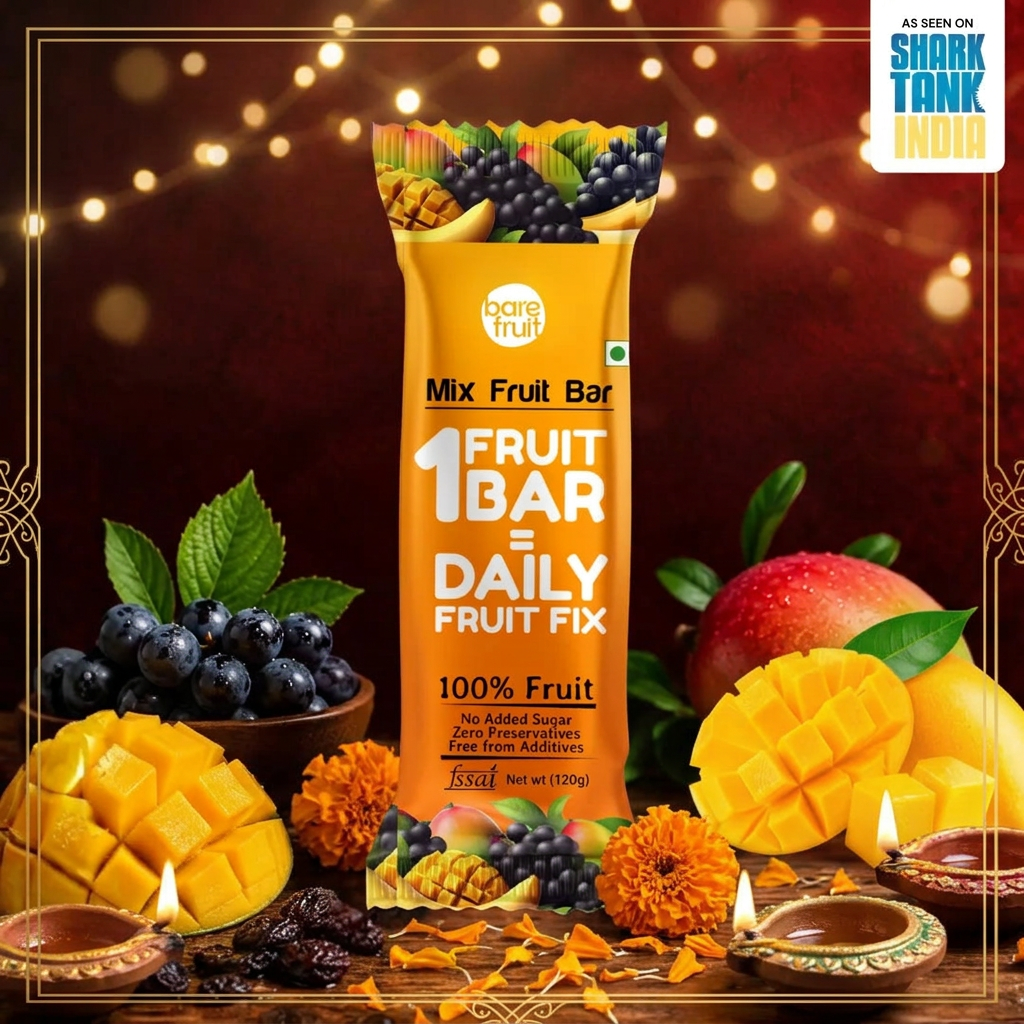Barefruit Mango Mix Fruit Bar in a Diwali-themed setting