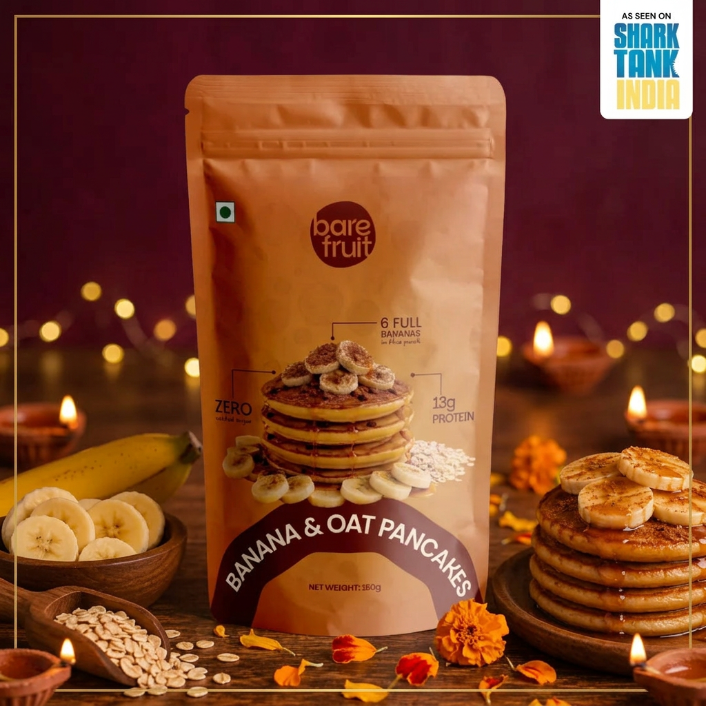 Barefruit Banana & Oat Pancake Mix in a Diwali-themed setting